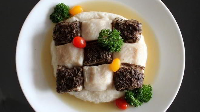 Рецепт Шахматная доска из рыбы с кремом басмати и грибным фюме