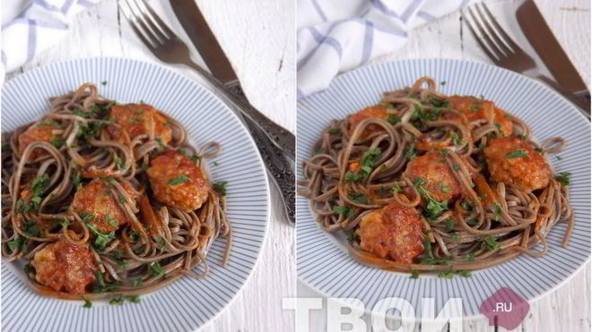 Рецепт Гречневая лапша Соба с фрикадельками