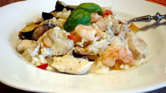 Рецепт Рис с баклажанами и морепродуктами Bella Испания