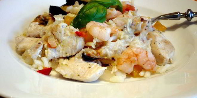 Рецепт рис с баклажанами и морепродуктами bella испания