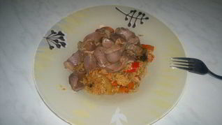 Рецепт Рис с соевым соусом и сладким перцем и индюшачьи желудочки с чили перцем и имбирем