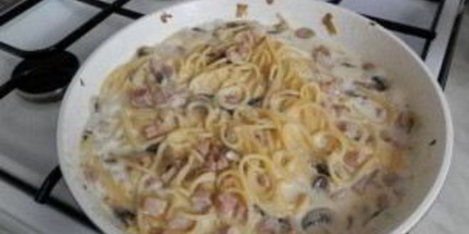 Рецепт макароны с ветчиной и грибами