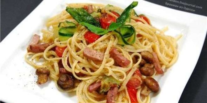 Рецепт паста с шампиньонами и окороком