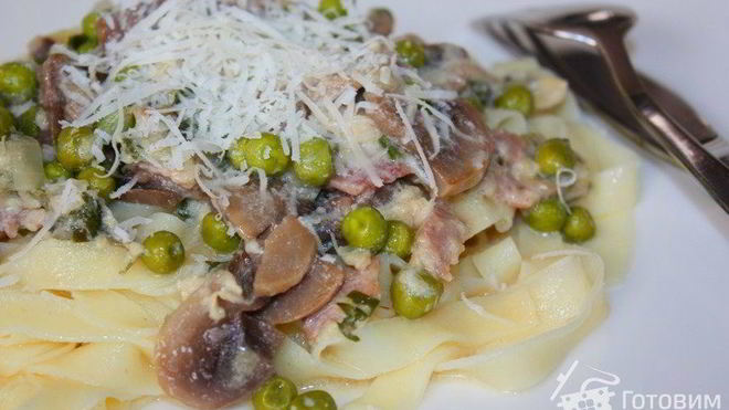 Рецепт Паста с шампиньонами и вареной ветчиной