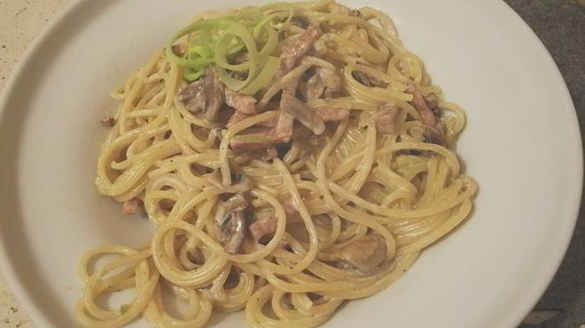 Рецепт Сливочная паста с пореем, ветчиной и грибами