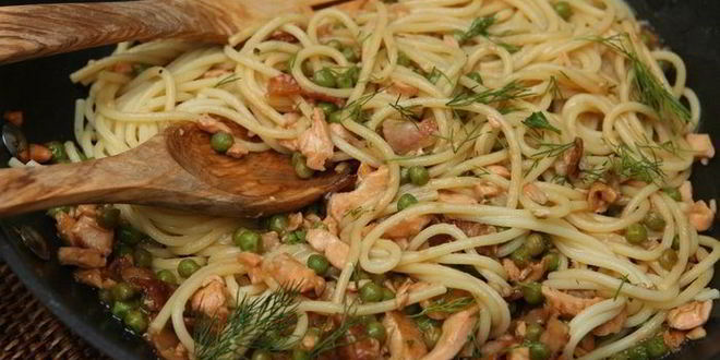 Рецепт спагетти с семгой и беконом в воке