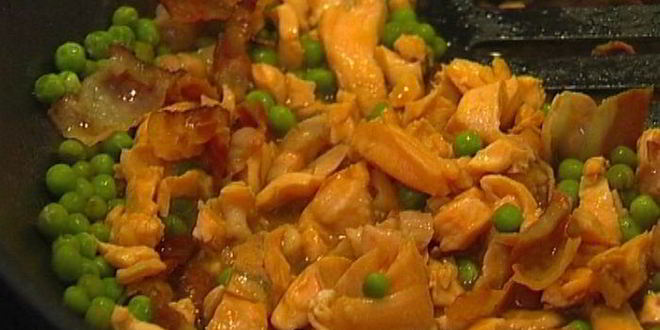 Рецепт спагетти с семгой и беконом в воке