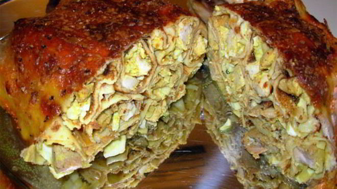 Рецепт Курица фаршированная блинами