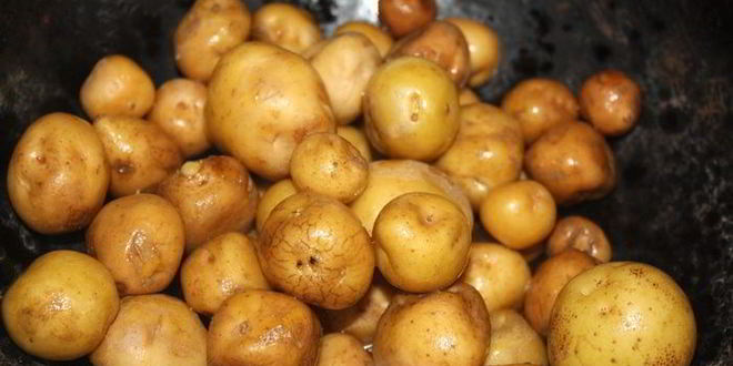 Рецепт мелкий молодой картофель, запеченный в казане с тушеной говядиной