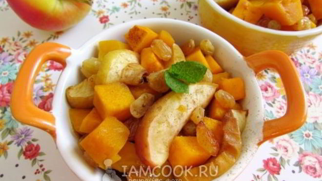 Рецепт Тыква, запеченная с яблоками и изюмом