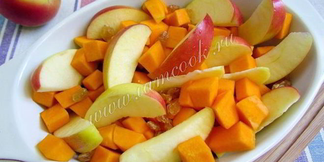 Рецепт тыква, запеченная с яблоками и изюмом