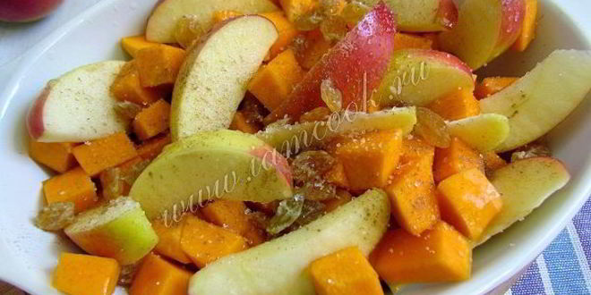 Рецепт тыква, запеченная с яблоками и изюмом