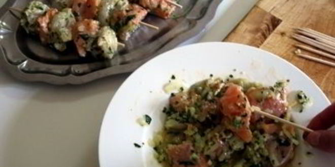 Рецепт разноцветный рыбный шашлык