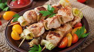 Рецепт Шашлык из индейки с тушеными овощами