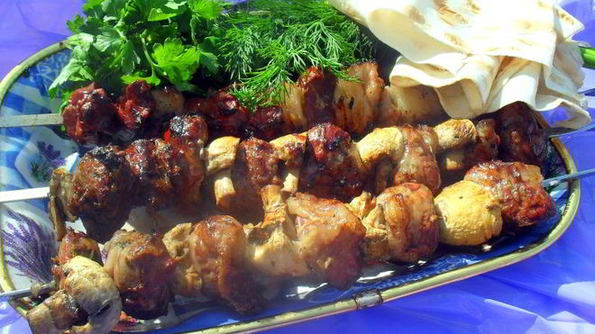 Рецепт Шашлык из печени индейки с шампиньонами