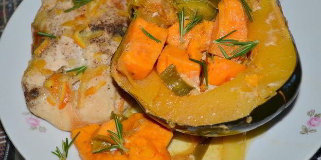 Рецепт куриные грудки в апельсиново-кленовом сиропе с акорн тыквой и сладким картофелем