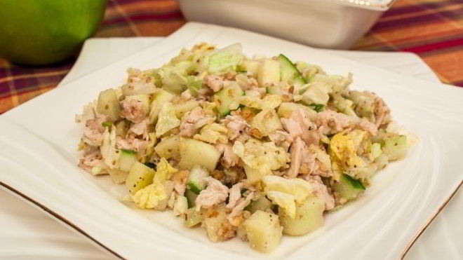 Рецепт Салат с куриным филе, огурцами и орехами
