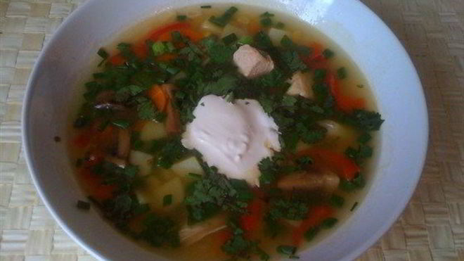 Рецепт Куриный суп с грибами, красным перцем и кукурузой