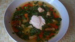 Рецепт Куриный суп с грибами, красным перцем и кукурузой