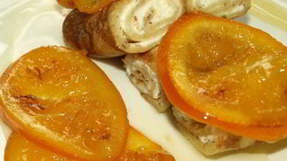 Рецепт Миндальные блинчики с рикоттой и карамелизированными апельсинами