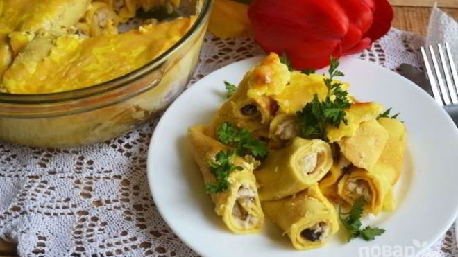 Рецепт Запеченные блины с курицей и шампиньонами