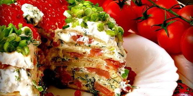 Рецепт блинный торт с семгой и рикоттой