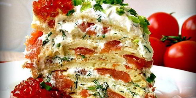 Рецепт блинный торт с семгой и рикоттой