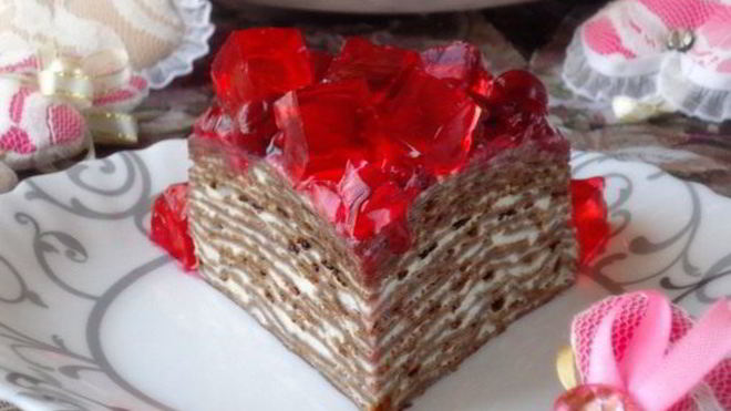 Рецепт Черемуховый блинный торт с вишневым соусом