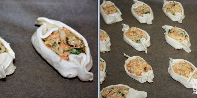 Рецепт бутерброды из слоеного теста с сыром, курицей и морковью