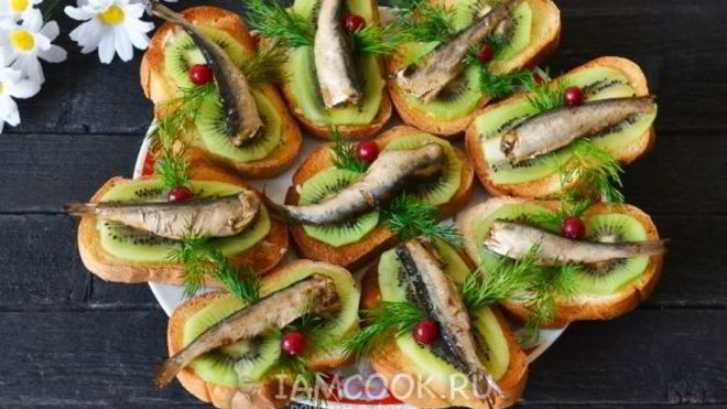 Рецепт Бутерброды со шпротами и киви