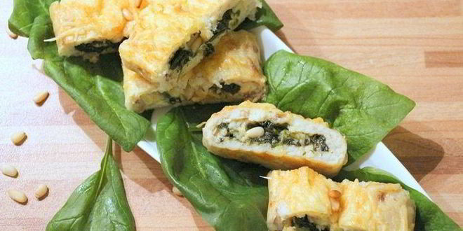 Рецепт рыбный рулет со шпинатом, сыром джюгас и кедровыми орешками