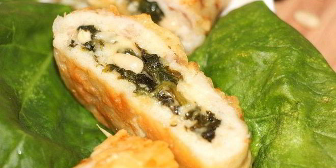 Рецепт рыбный рулет со шпинатом, сыром джюгас и кедровыми орешками